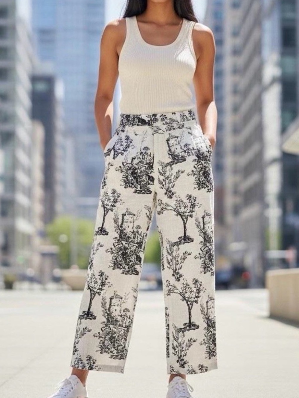 Joie 100% Linen Wide-Leg Toile Print Pants Flowy High Waist Size 6